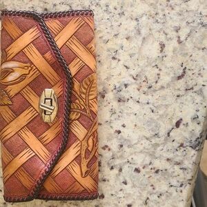 Tan and Brown Woven Leather Wallet with Turn-Lock Closure